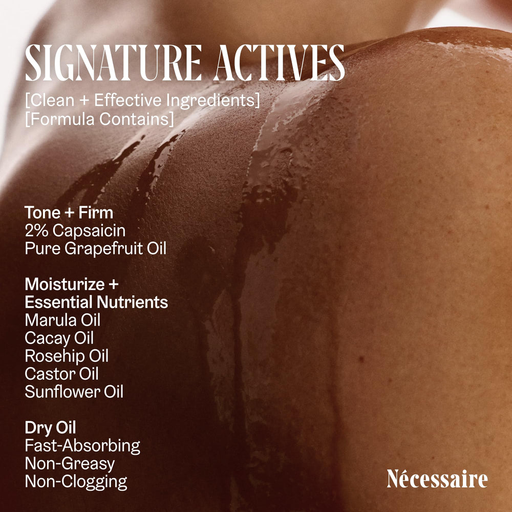 Nécessaire The Body Oil capsaicin action image hints at firmer, smoother skin feel.