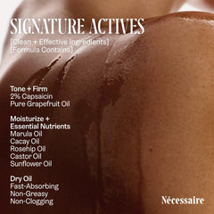 Nécessaire The Body Oil capsaicin action image hints at firmer, smoother skin feel.