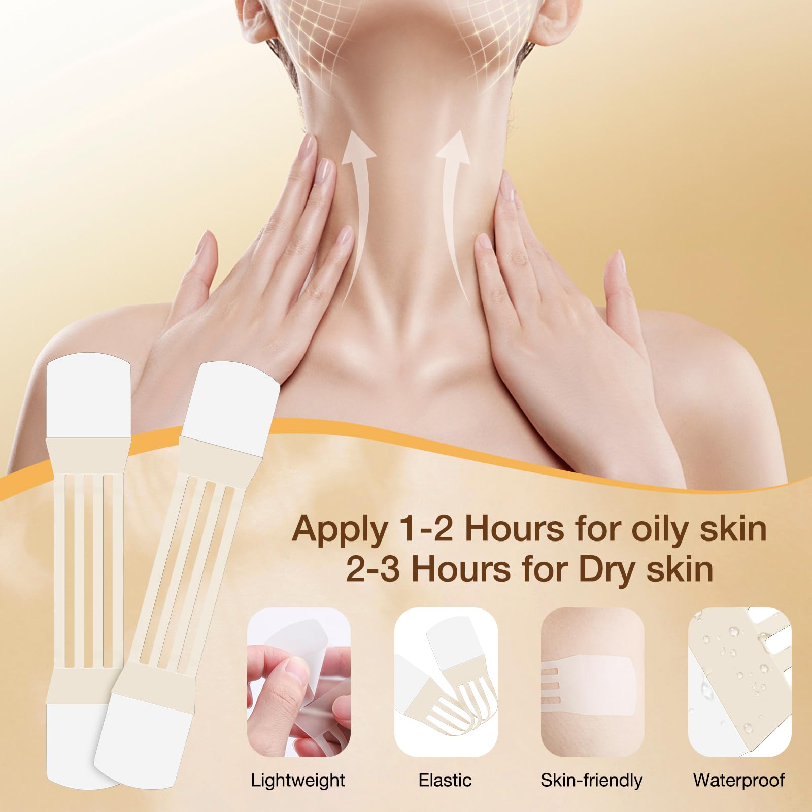 Neck Tightening Patches water-resistant design withstands pool and sweat during events.