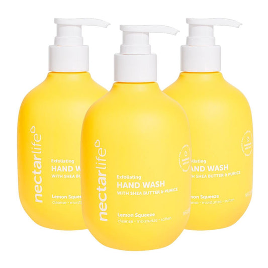 Nectar Life Hand Wash with volcanic pumice exfoliates and refreshes hands.
