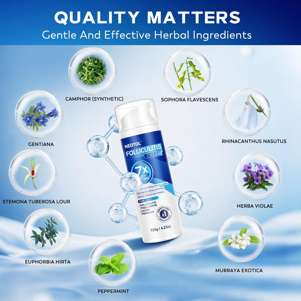 Nedtol Folliculitis Treatment Cream application on skin illustrates soothing relief and balanced moisture.