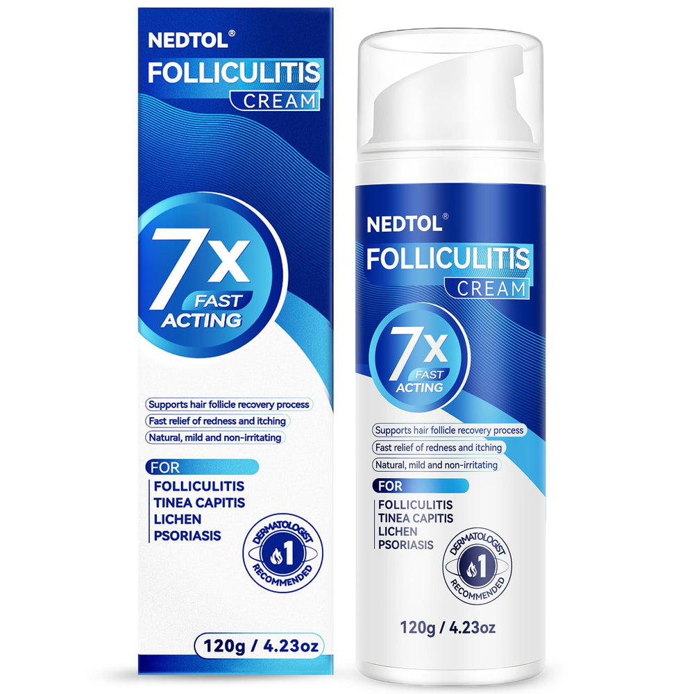 Nedtol Folliculitis Treatment Cream bottle highlights the 7X antibacterial action for affected skin areas.