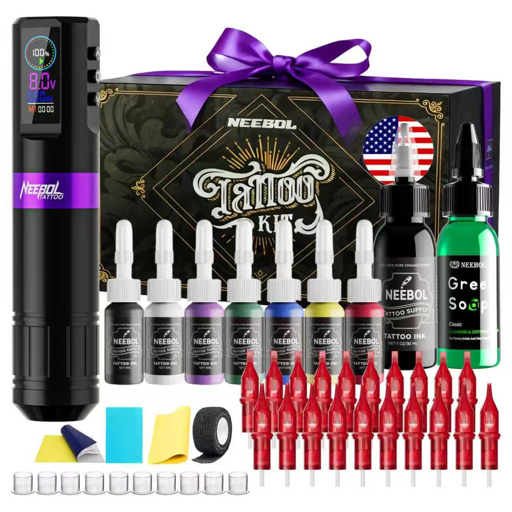 Neebol tattoo gun with LED display shows real-time voltage and battery status for consistent sessions.