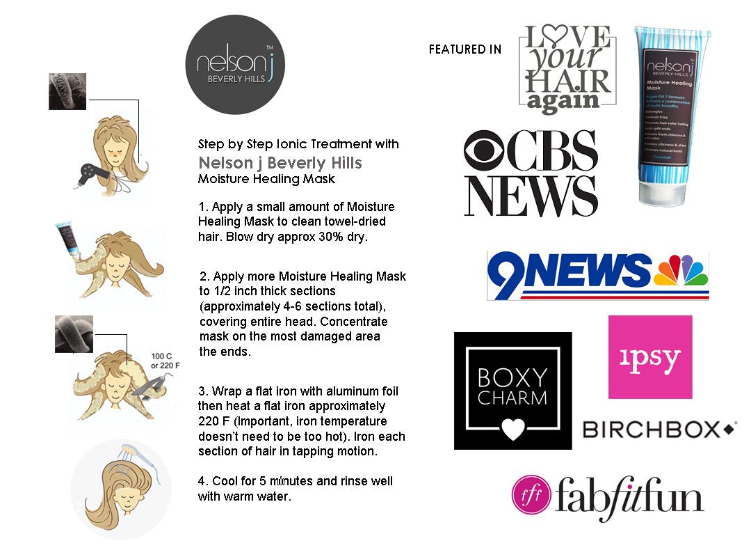 Nelson j Beverly Hills Moisture Healing Mask application demonstrates frizz control and radiant shine.