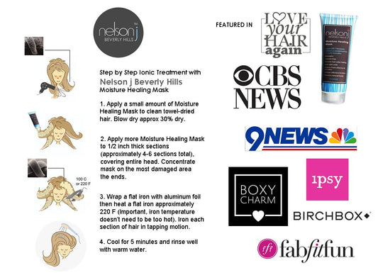 Nelson j Beverly Hills Moisture Healing Mask application demonstrates frizz control and radiant shine.