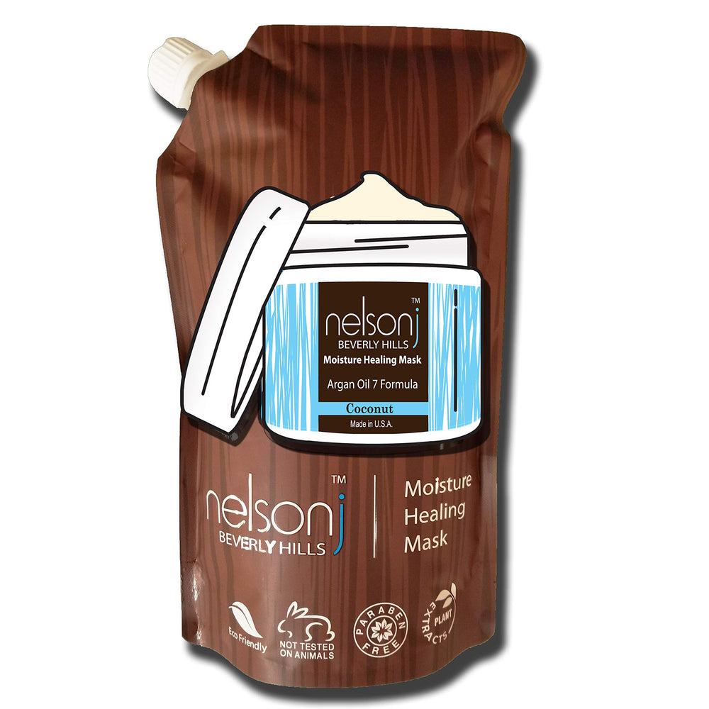 Nelson j Beverly Hills Moisture Healing Mask bottle highlights detangling and color protection benefits.