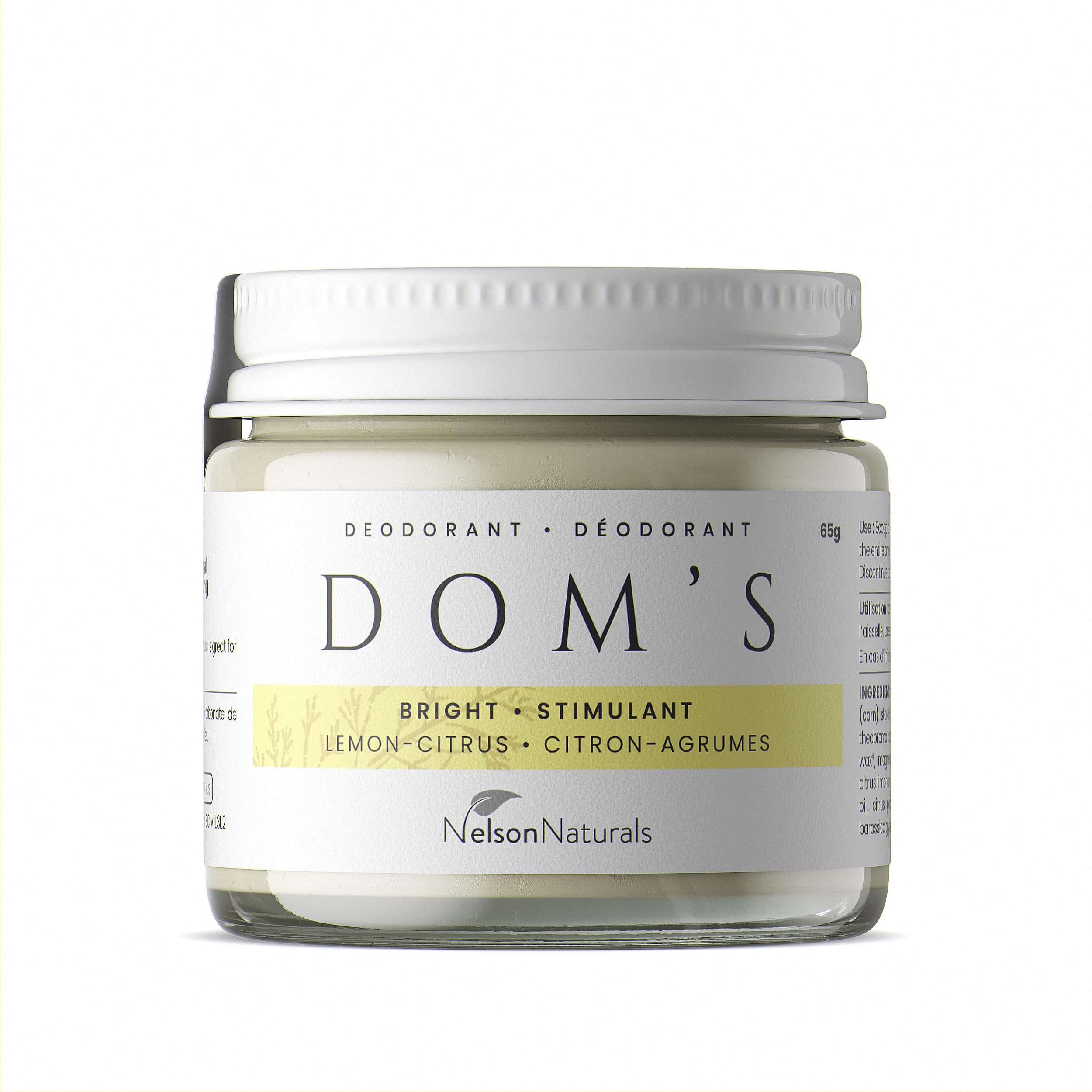 Nelson Naturals Bright Lemon Citrus deodorant in a reusable glass jar with a refreshing citrus scent.
