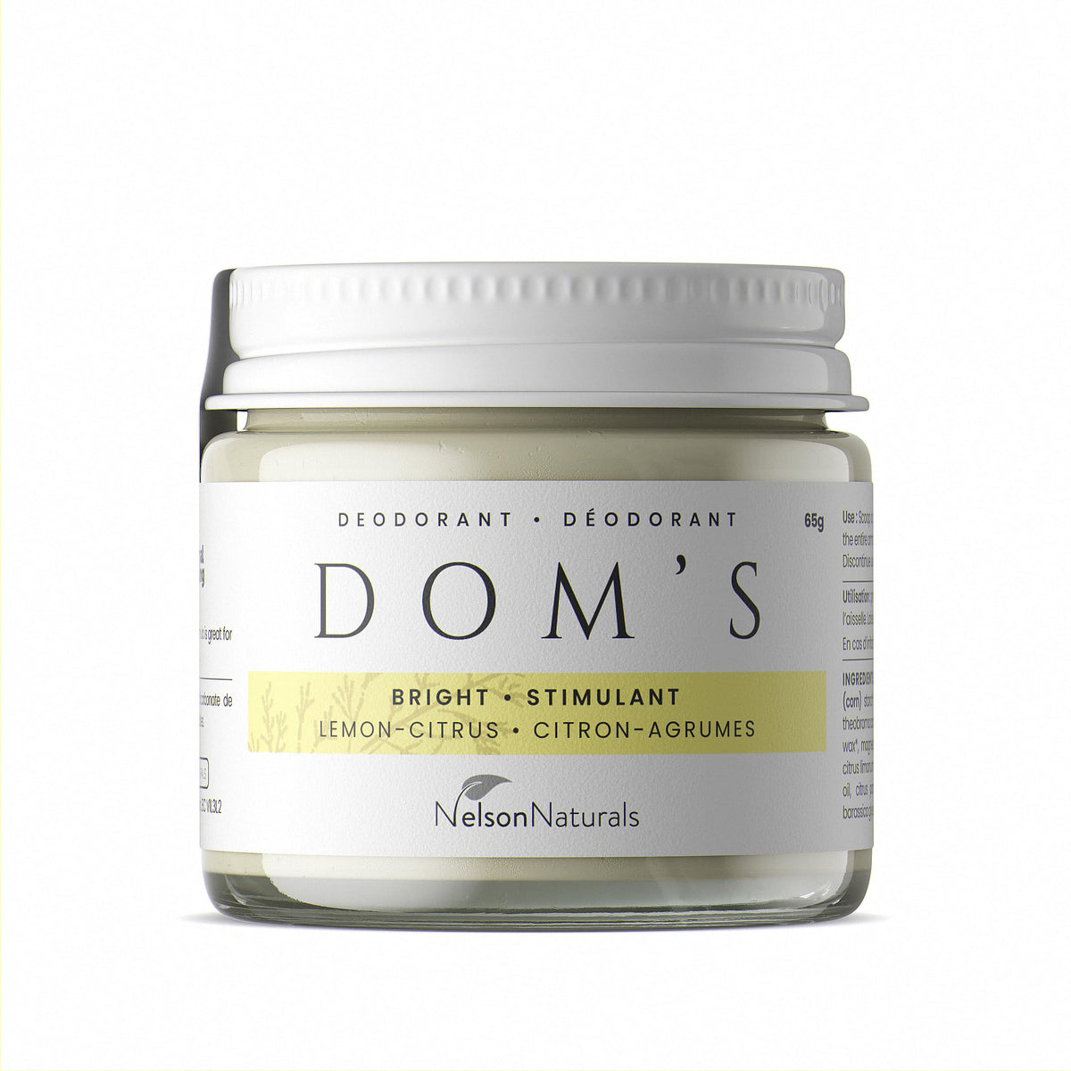 Nelson Naturals Bright Lemon Citrus deodorant in a reusable glass jar with a refreshing citrus scent.