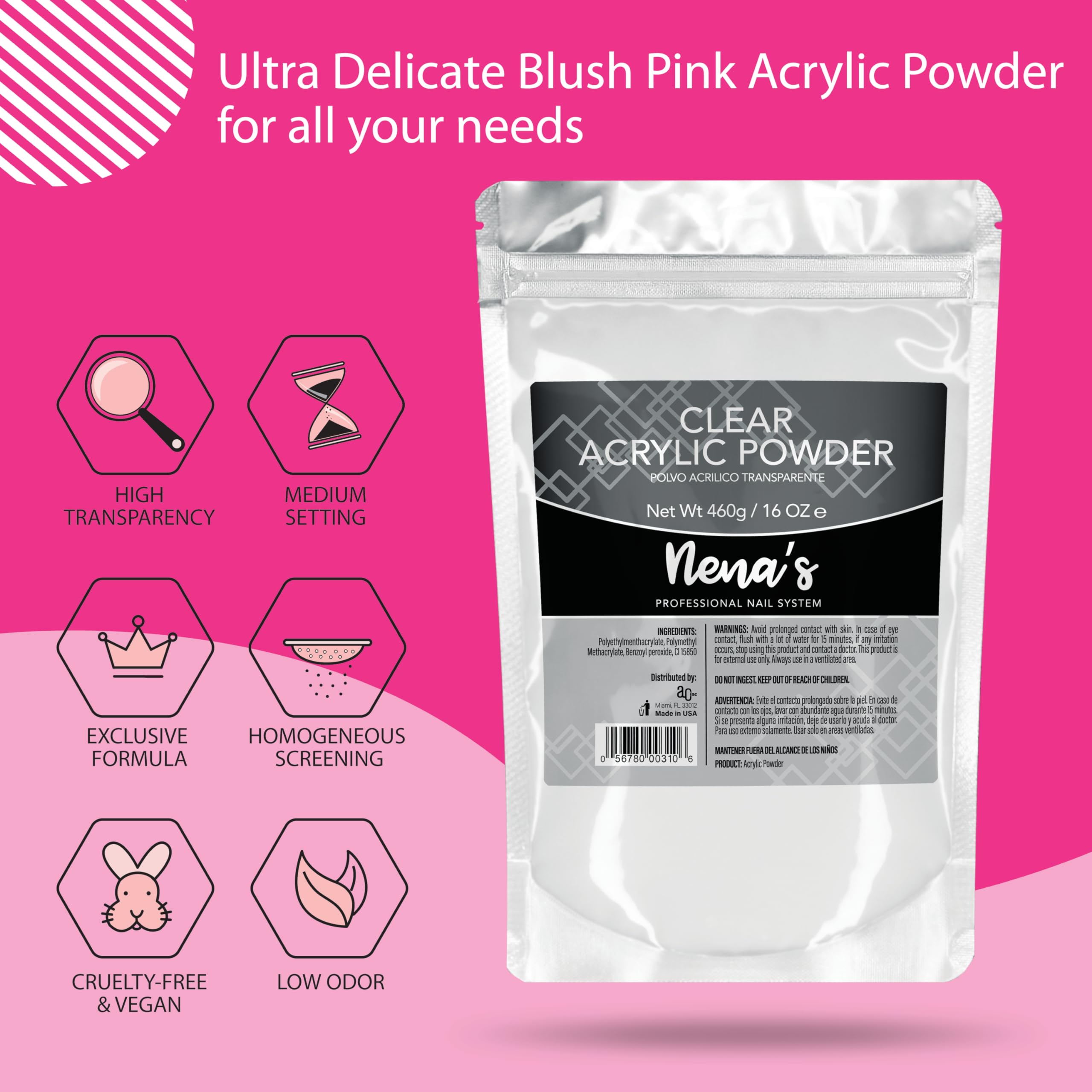 Nena's blush pink powder bottle for customizable nail art with vibrant color