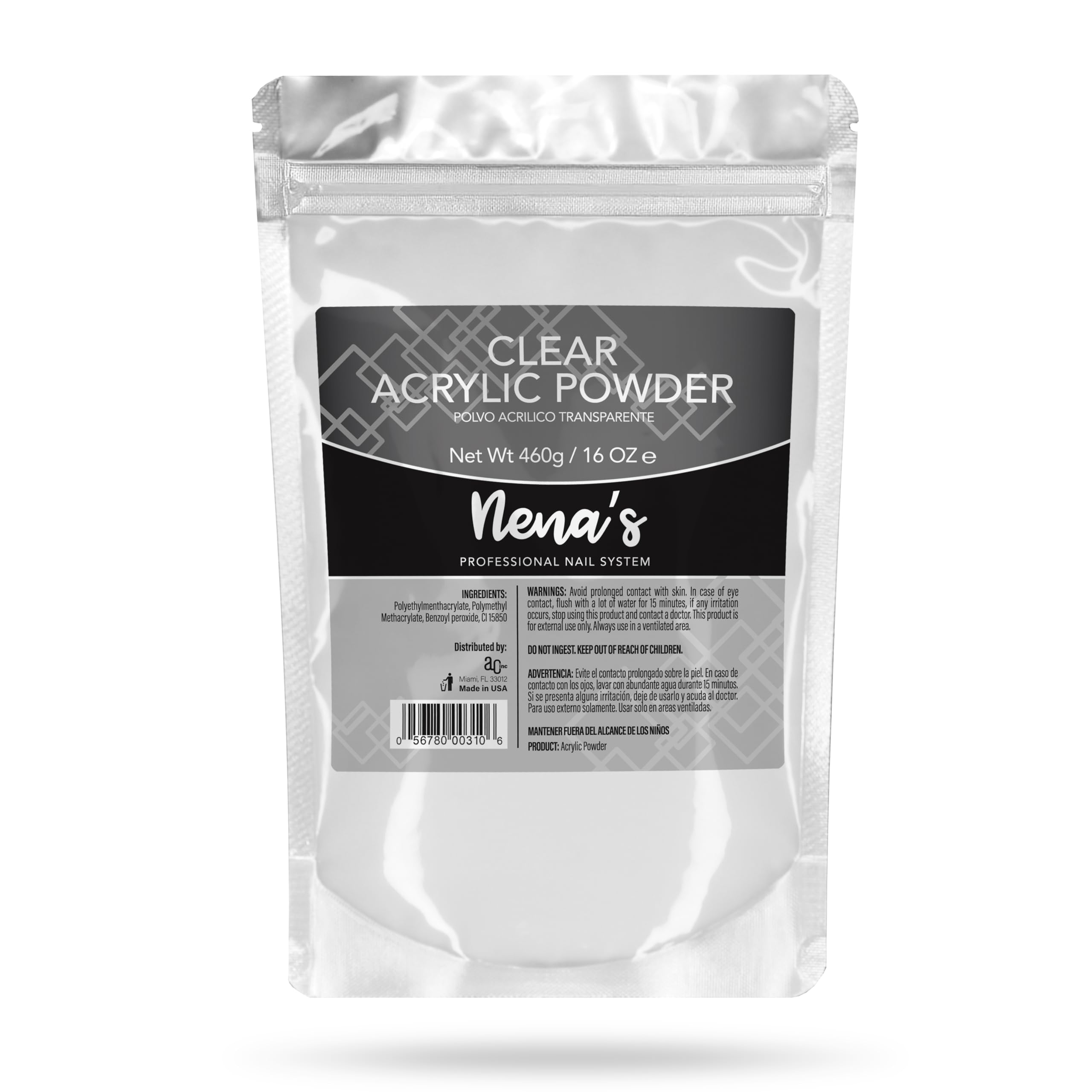 Nena's Sculpting Powder clear bottle shows crystal-clear finish for seamless nails