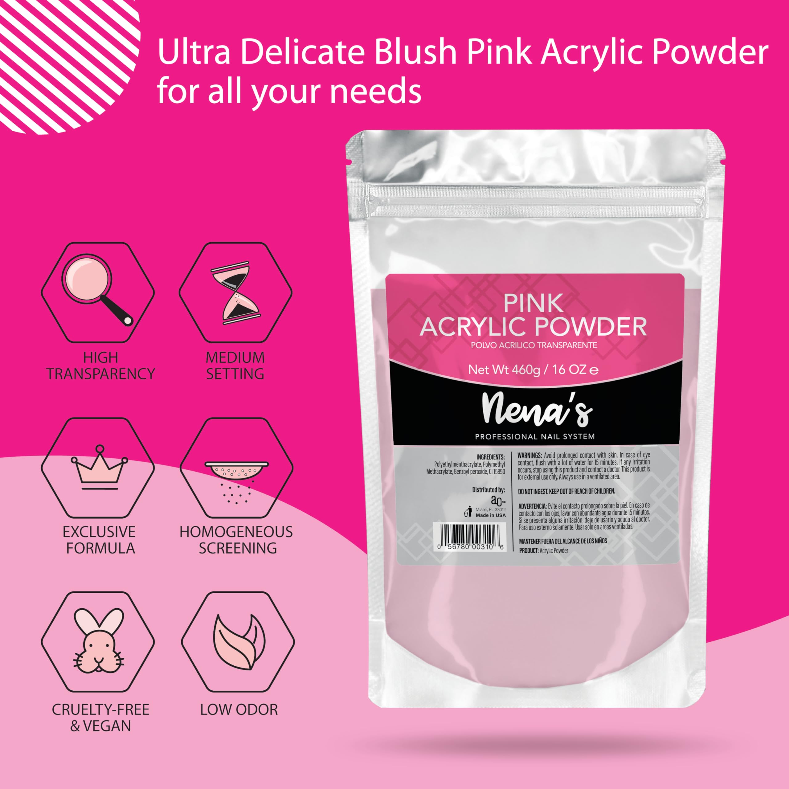 Nena's Sculpting Powder pink blush jar highlights long-lasting nail builds.