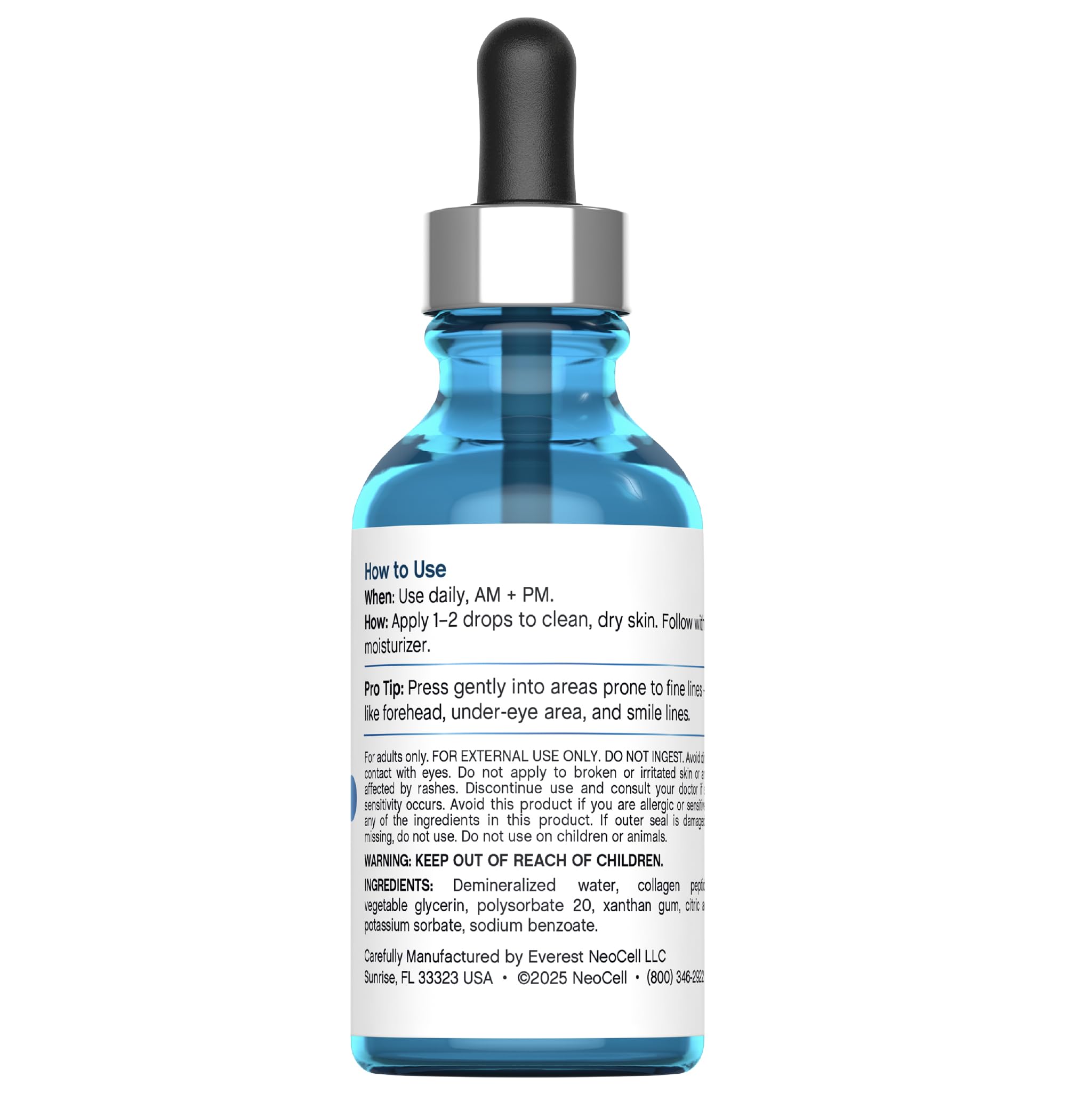 NeoCell serum drops on palm for quick absorption and hydration.