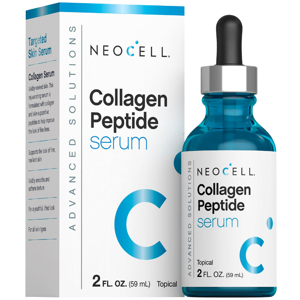 NeoCell Collagen Peptides Serum bottle on vanity signals premium skin support.