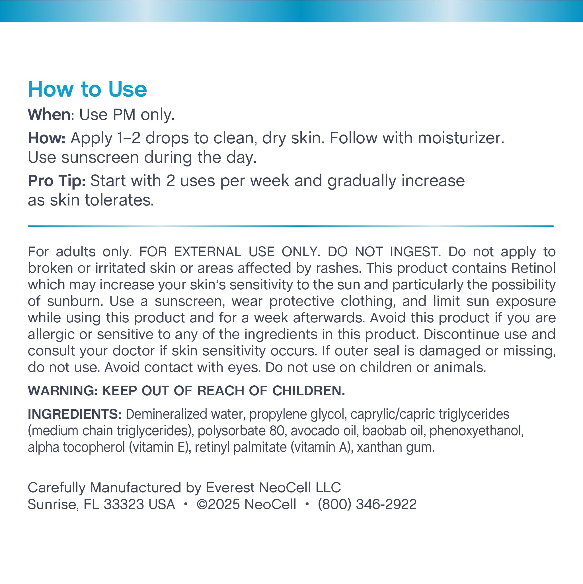 NeoCell retinol serum Baobab oil close-up highlighting skin support