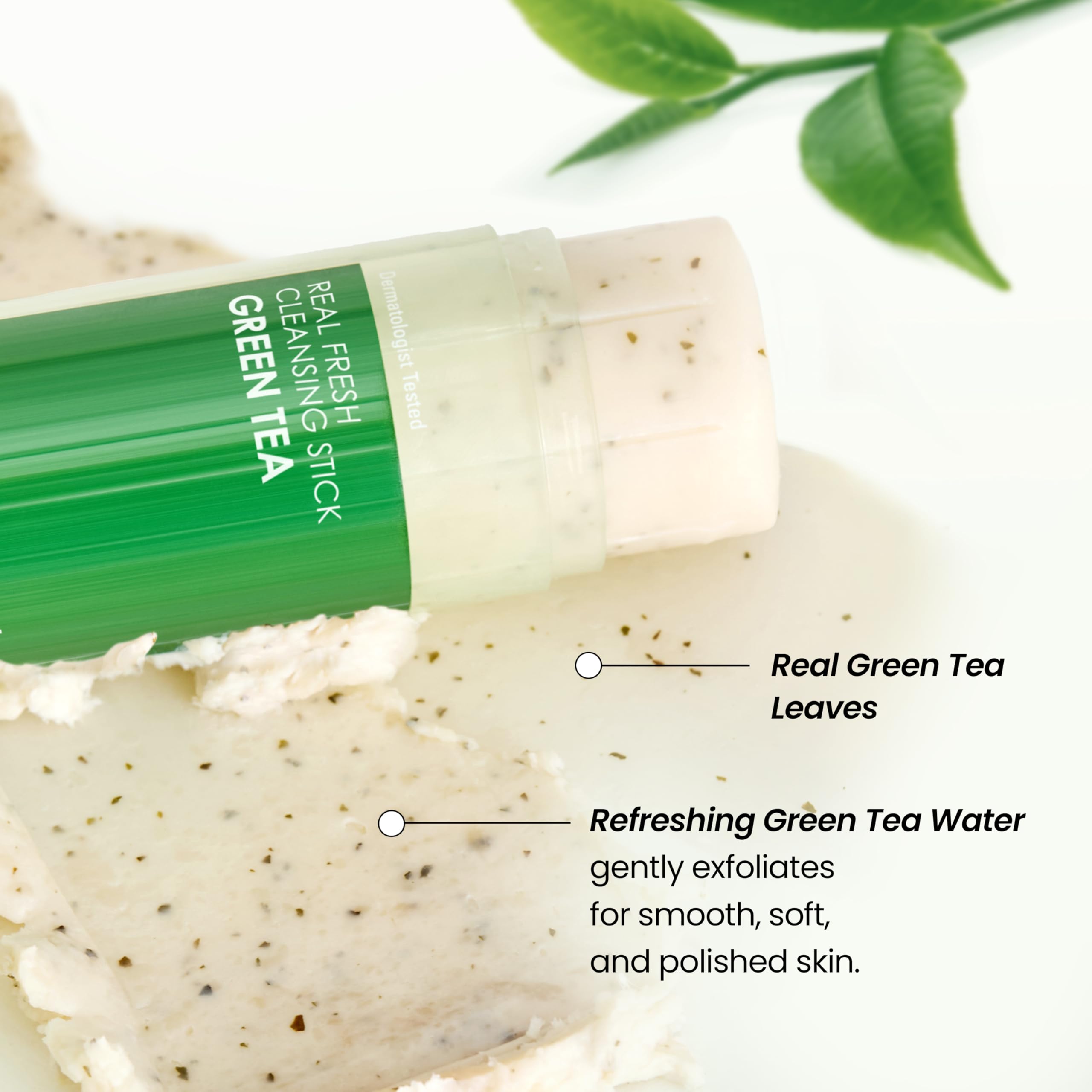DERMALOGY green tea leaves offer soft exfoliation for refreshed skin.