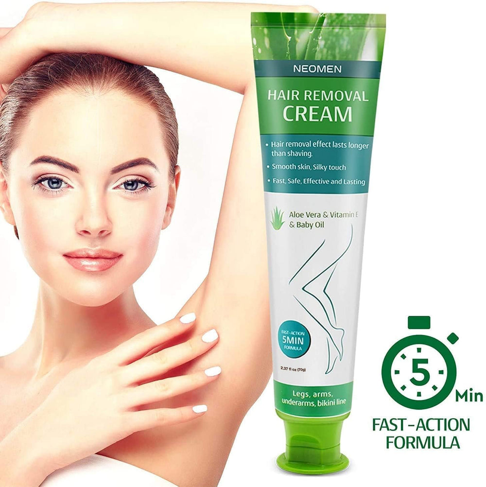 NEOMEN Hair Removal Cream application scene highlights quick results for busy mornings.