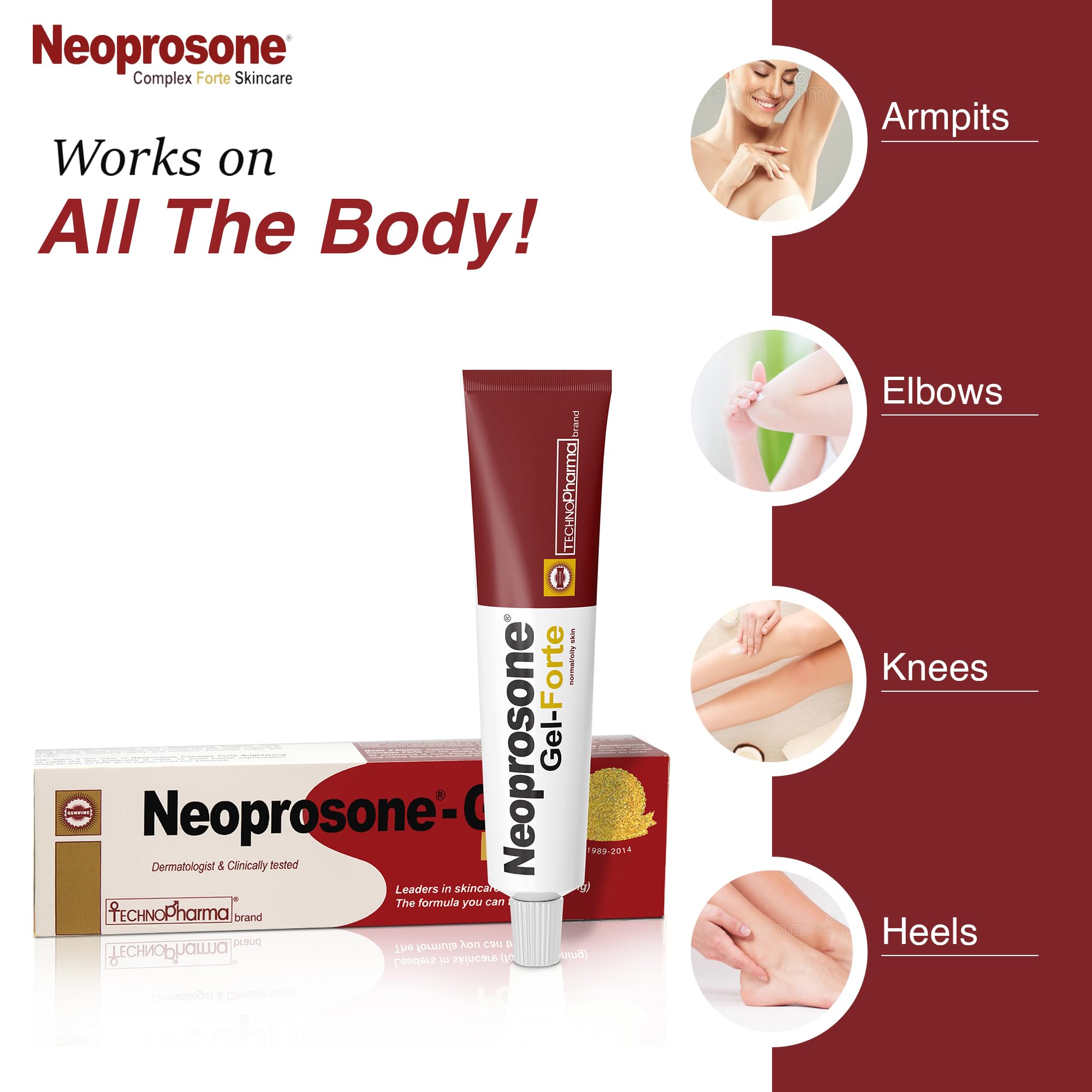 Face and body use visual showing versatile brightening across areas.