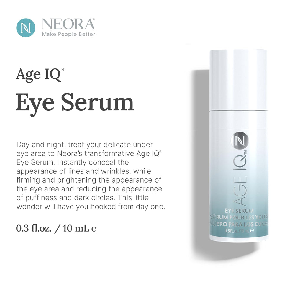 NEORA Age IQ Eye Serum application detail demonstrates fast absorption for makeup-ready eyelids.