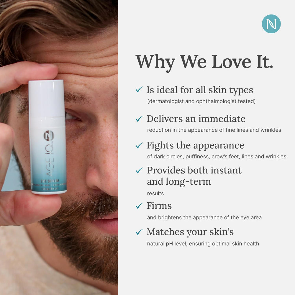 NEORA Age IQ Eye Serum texture swirl showcases a peptide-rich formula for reducing fine lines.