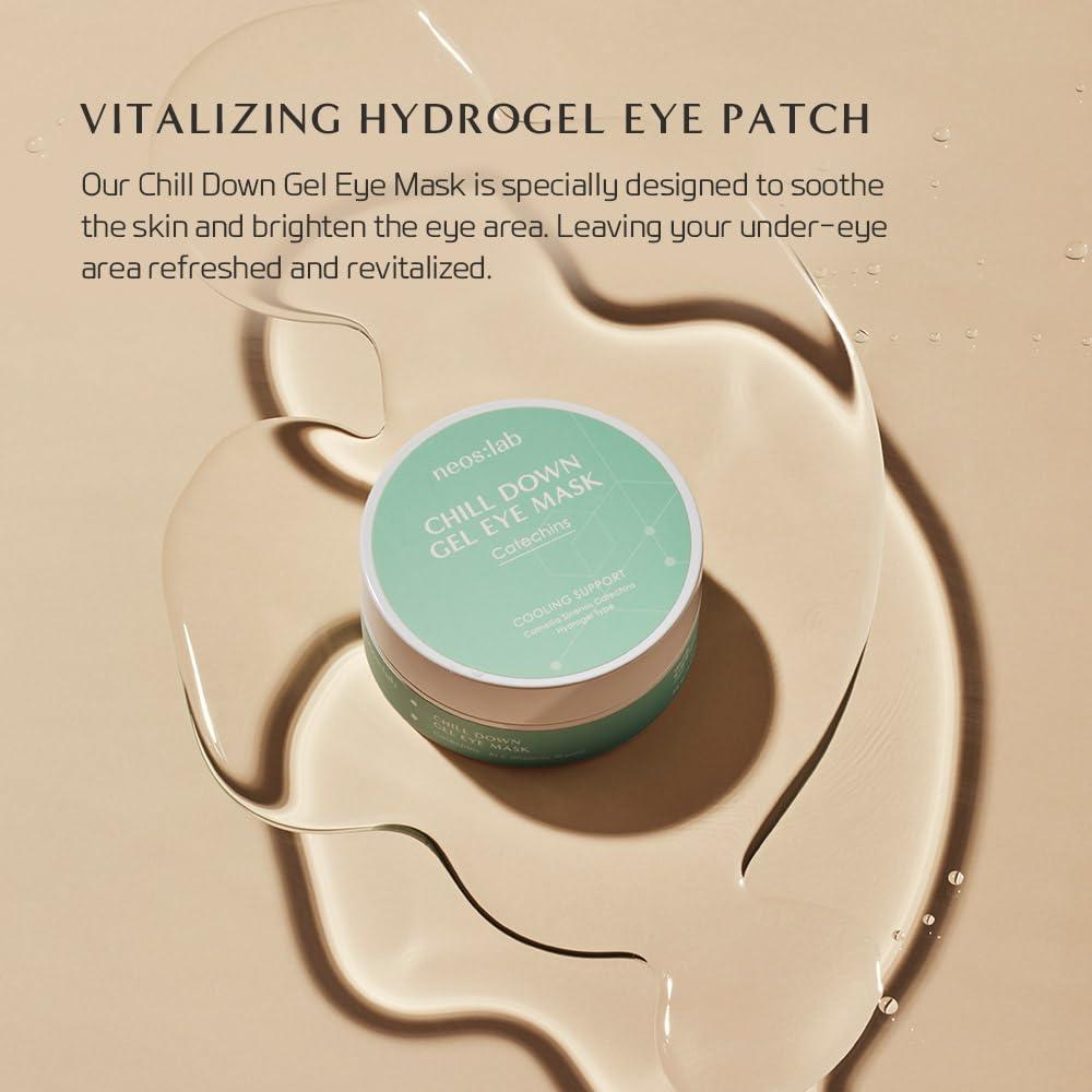 neos:lab Chill Down eye mask application close-up shows hydrogel texture delivering cooling relief.