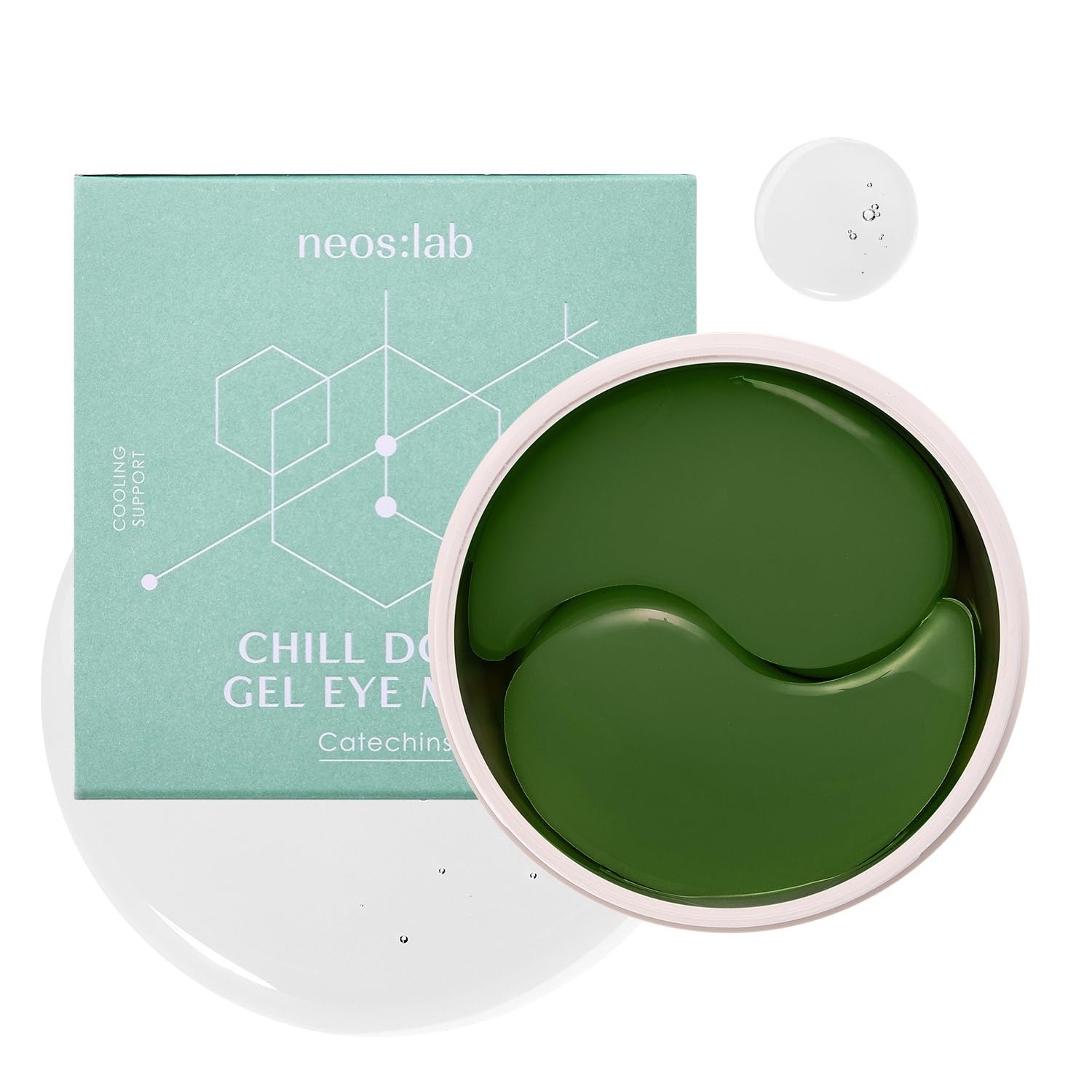 neos:lab Chill Down eye mask packaging highlights clean beauty and plant-based ingredients for refreshed eyes.