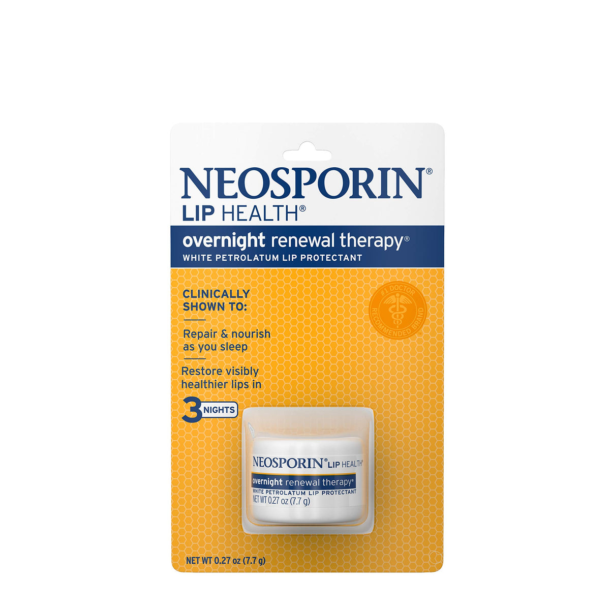 Neosporin Lip Health Overnight Renewal Therapy tube front view for smoother lips overnight.