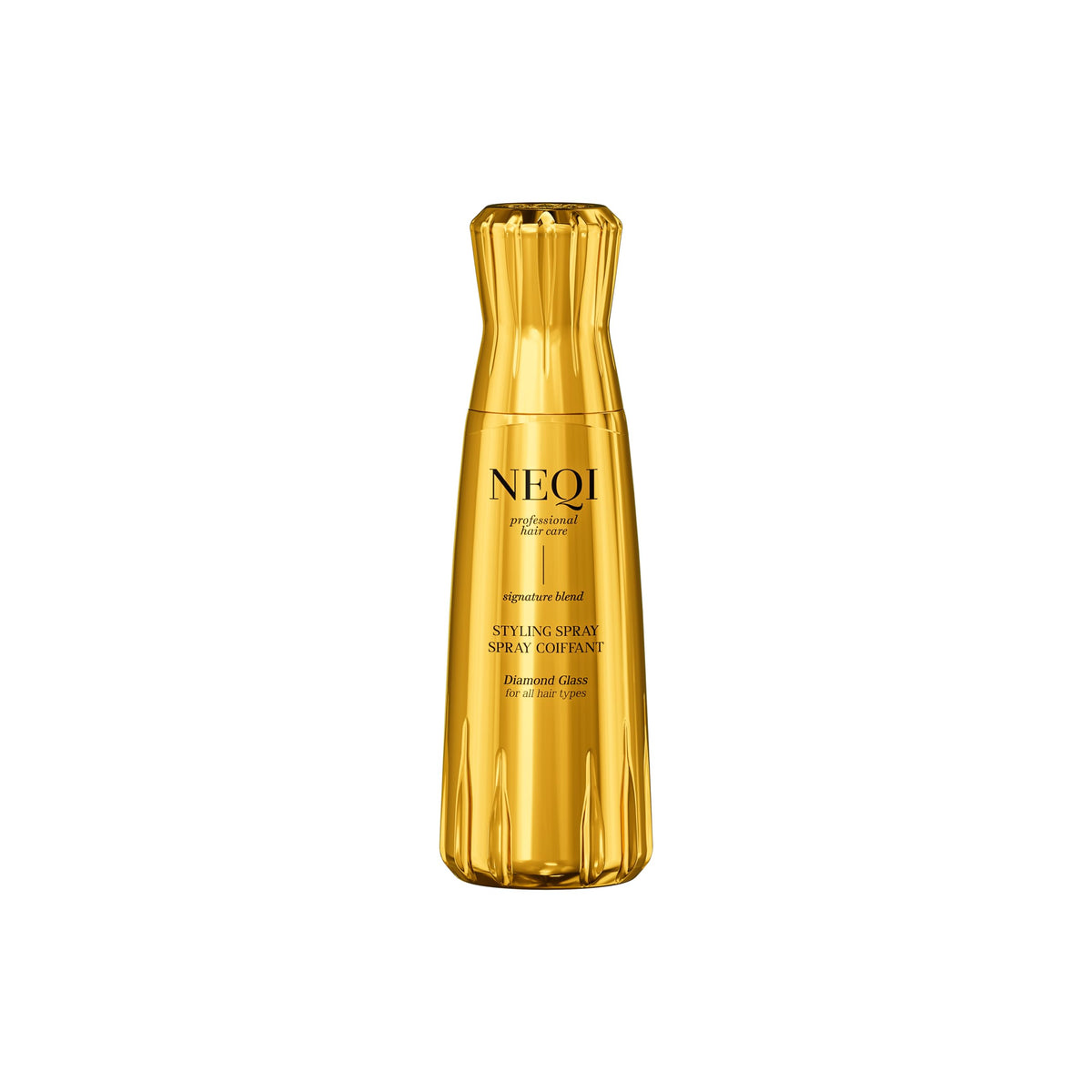 neqi Diamond Glass spray adds mirror shine to towel-dried hair for a glass-hair finish.