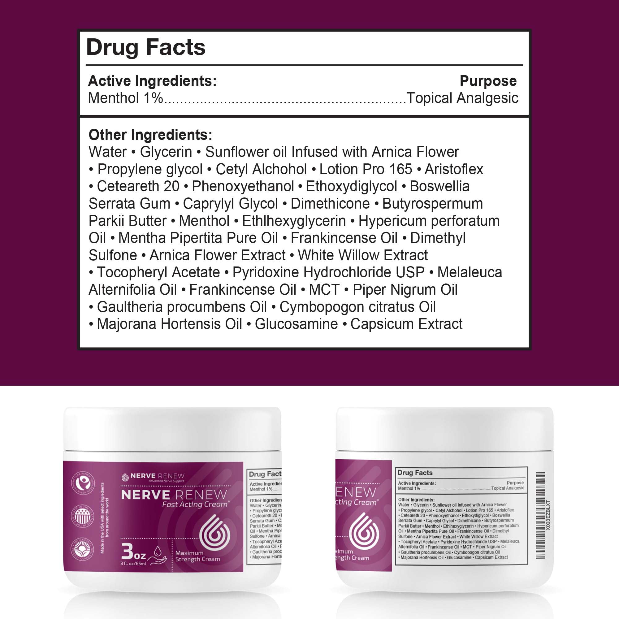 NERVE RENEW cream jar being dispensed shows easy application.