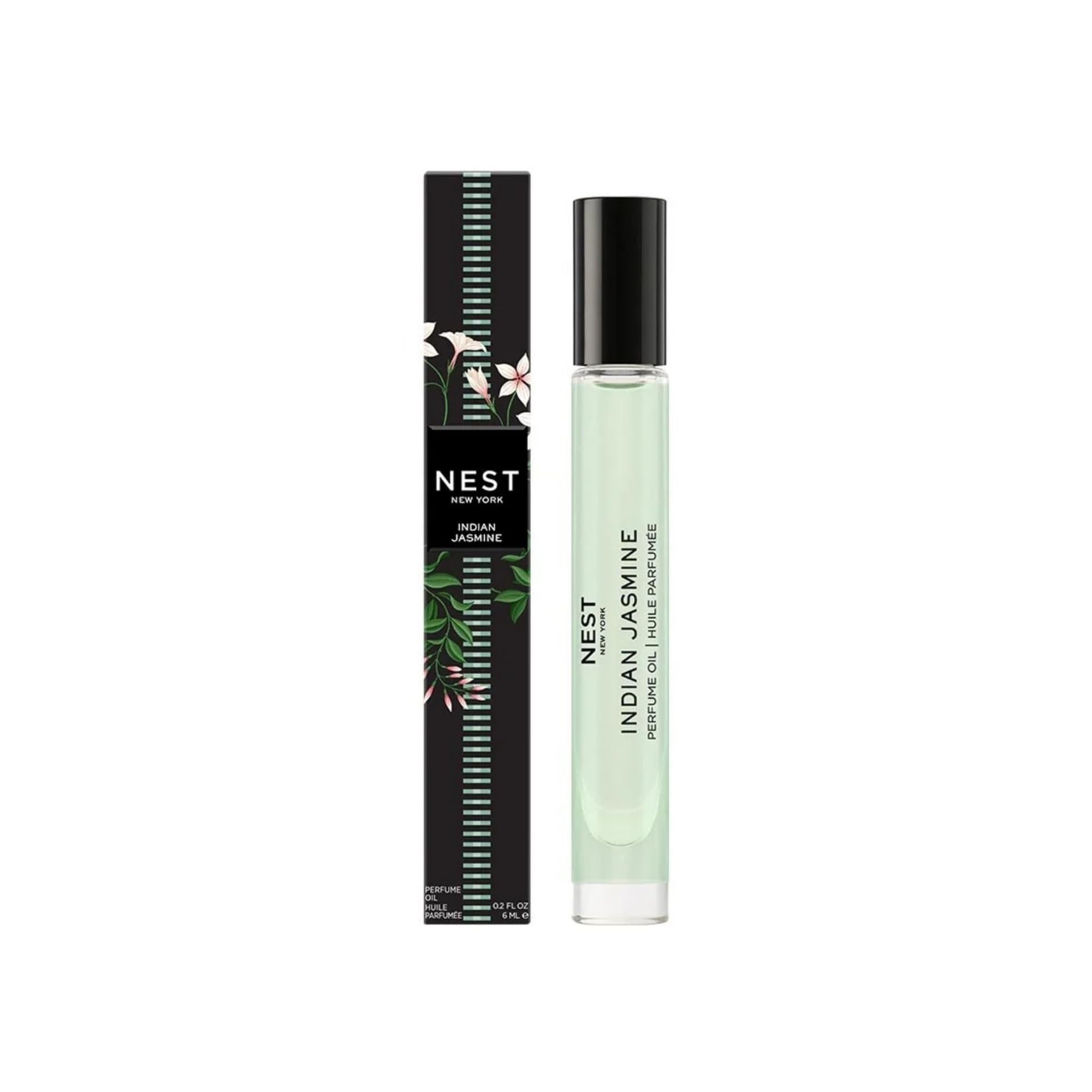Nest New York Indian Jasmine Perfume Oil bottle with emerald glass, smooth, long-lasting fragrance.