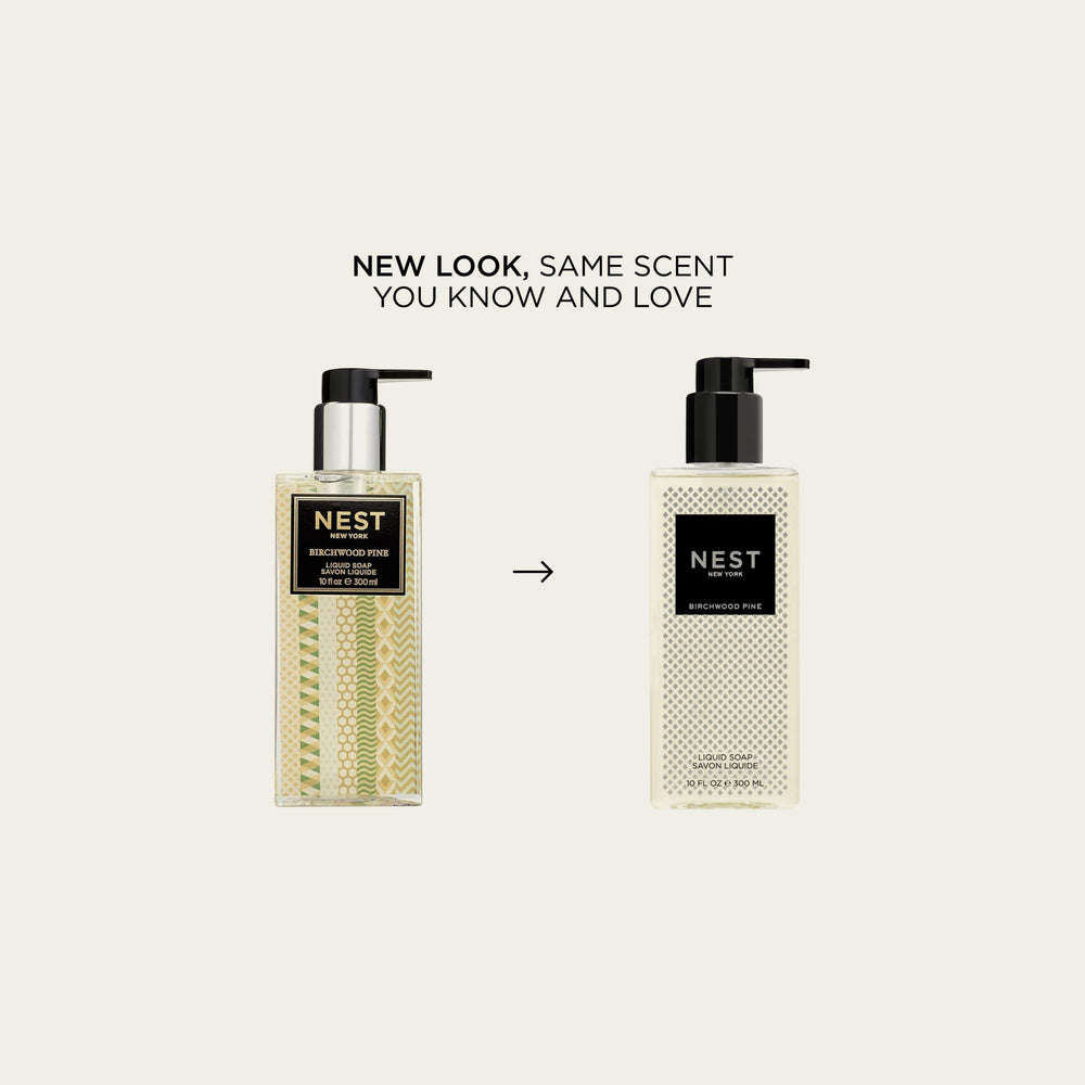 NEST New York Birchwood Pine liquid soap label closeup, highlighting the forest-inspired fragrance and elegant design.