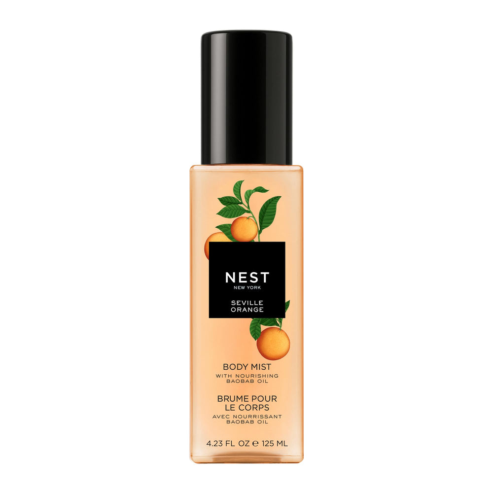 NEST New York Seville Orange Body Mist bottle pour highlights vibrant citrus notes for everyday freshness.