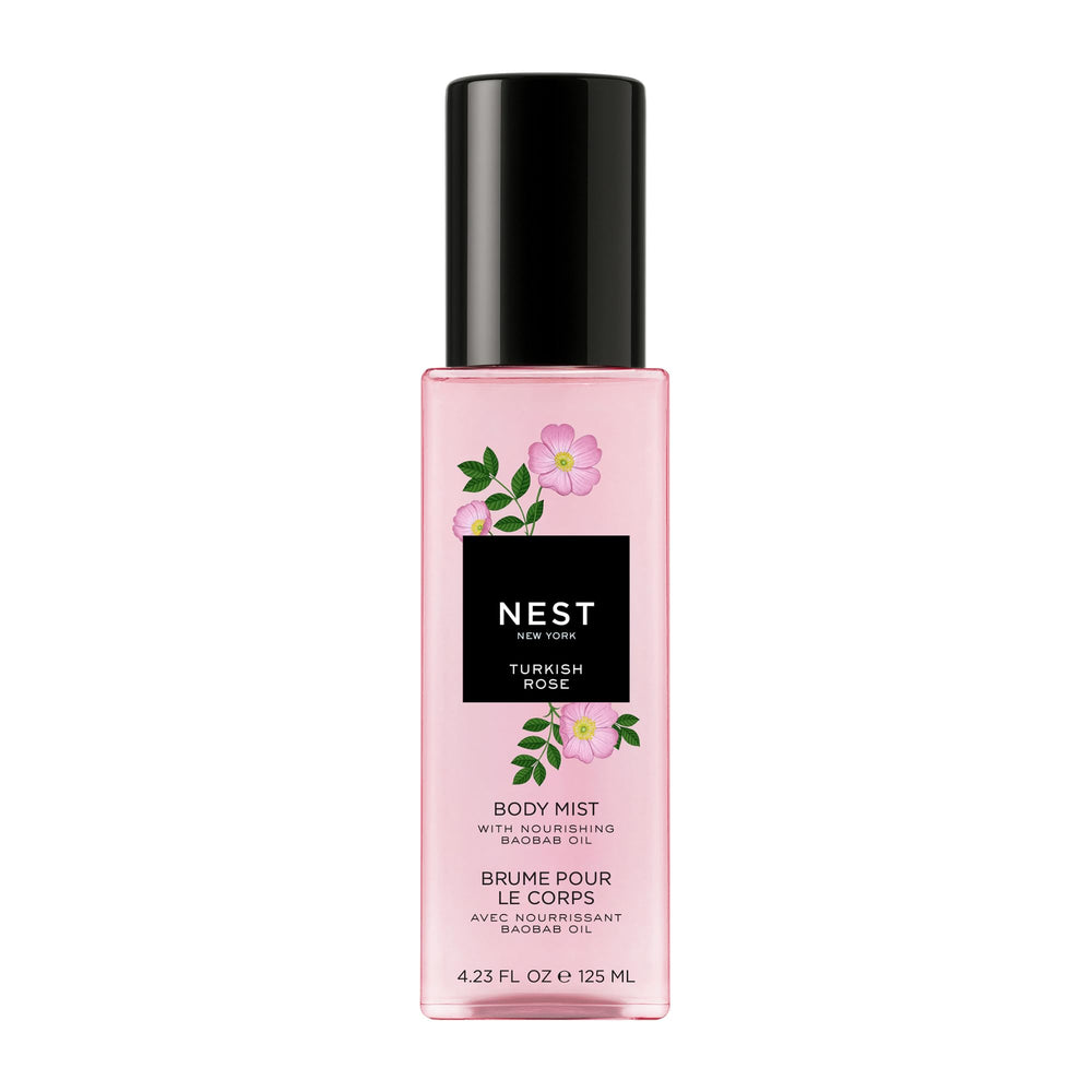 NEST New York Turkish Rose Body Mist bottle closeup showing floral notes and hydrating oils