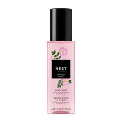 NEST New York Turkish Rose Body Mist bottle closeup showing floral notes and hydrating oils