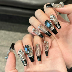 NEUQL handmade press-on nails in long square black glam on hand