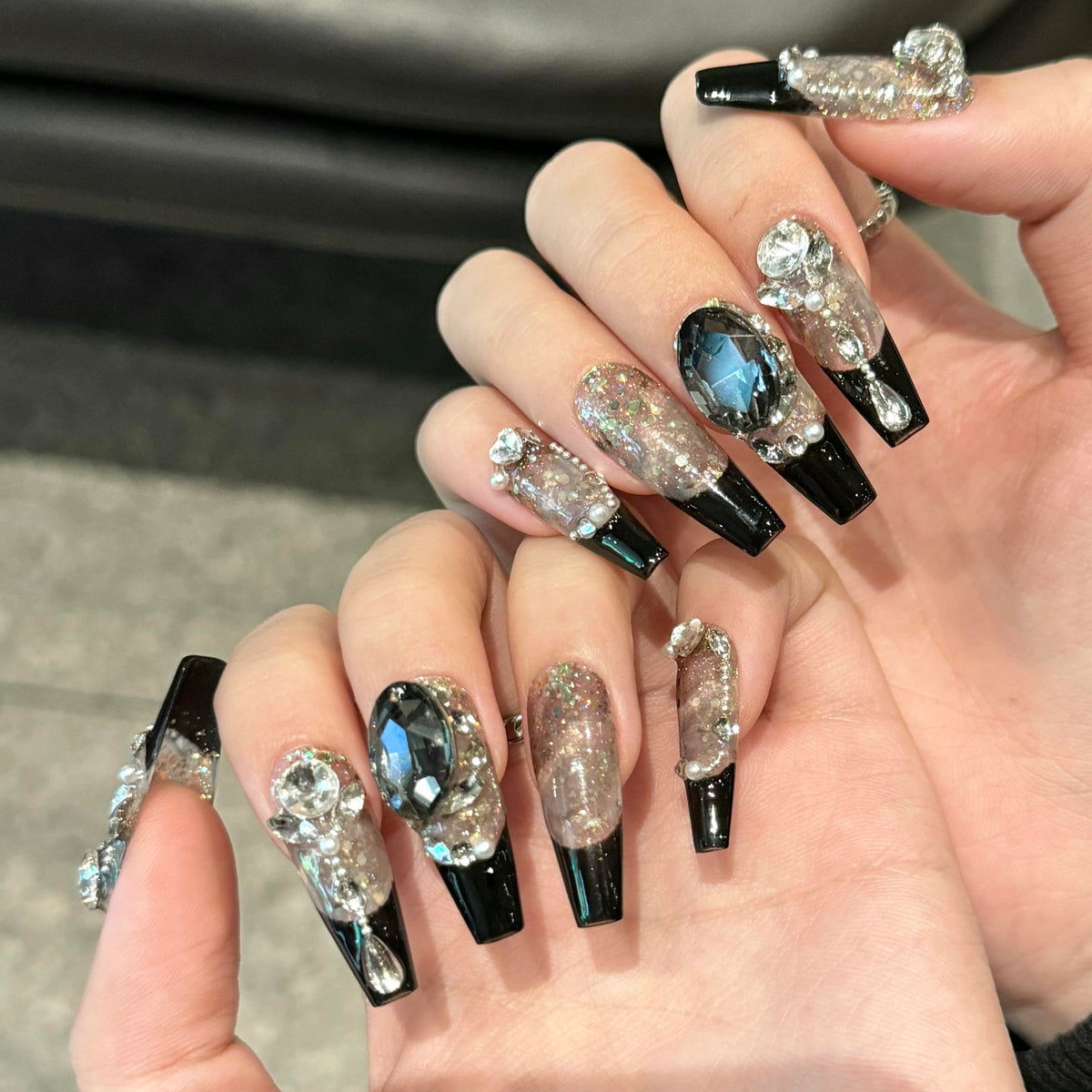 NEUQL handmade press-on nails in long square black finish for elegant looks