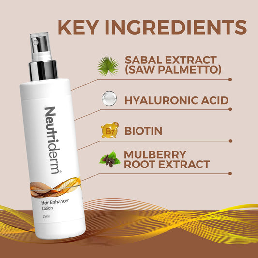 Neutriderm Hair Enhancer Lotion application in hands demonstrates easy daily use.