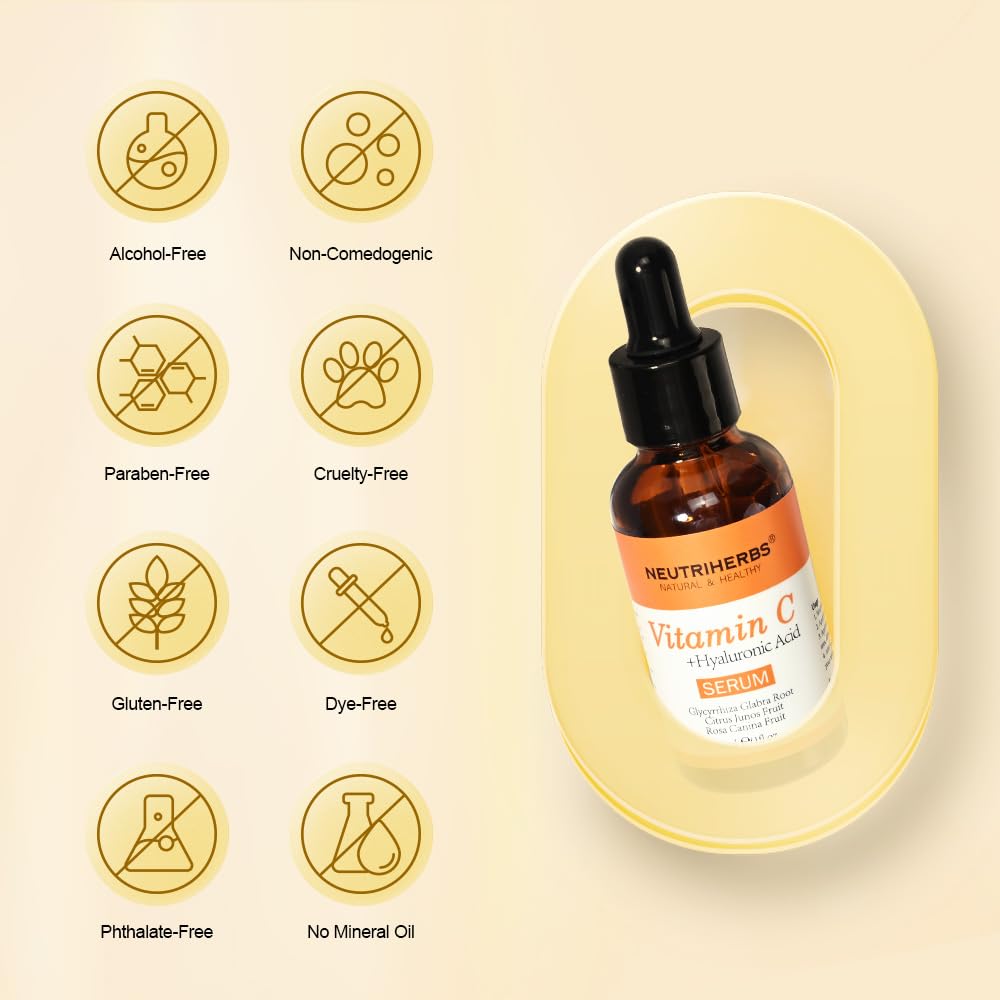 Neutriherbs Vitamin C Serum ingredients with botanicals highlighting plant-based formula