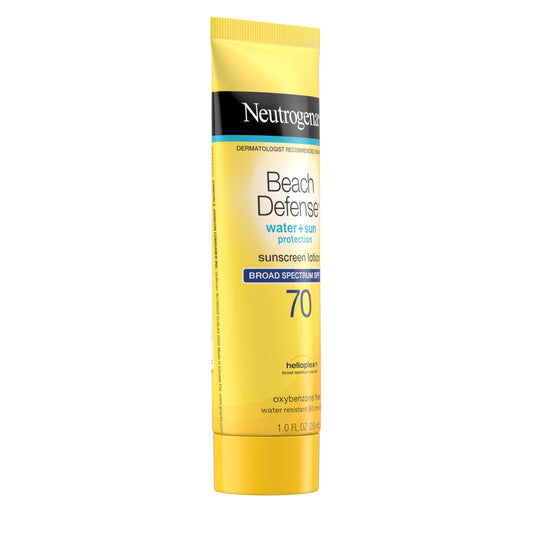 Application close-up of Neutrogena Beach Defense SPF 70 showing quick-absorbing lotion.