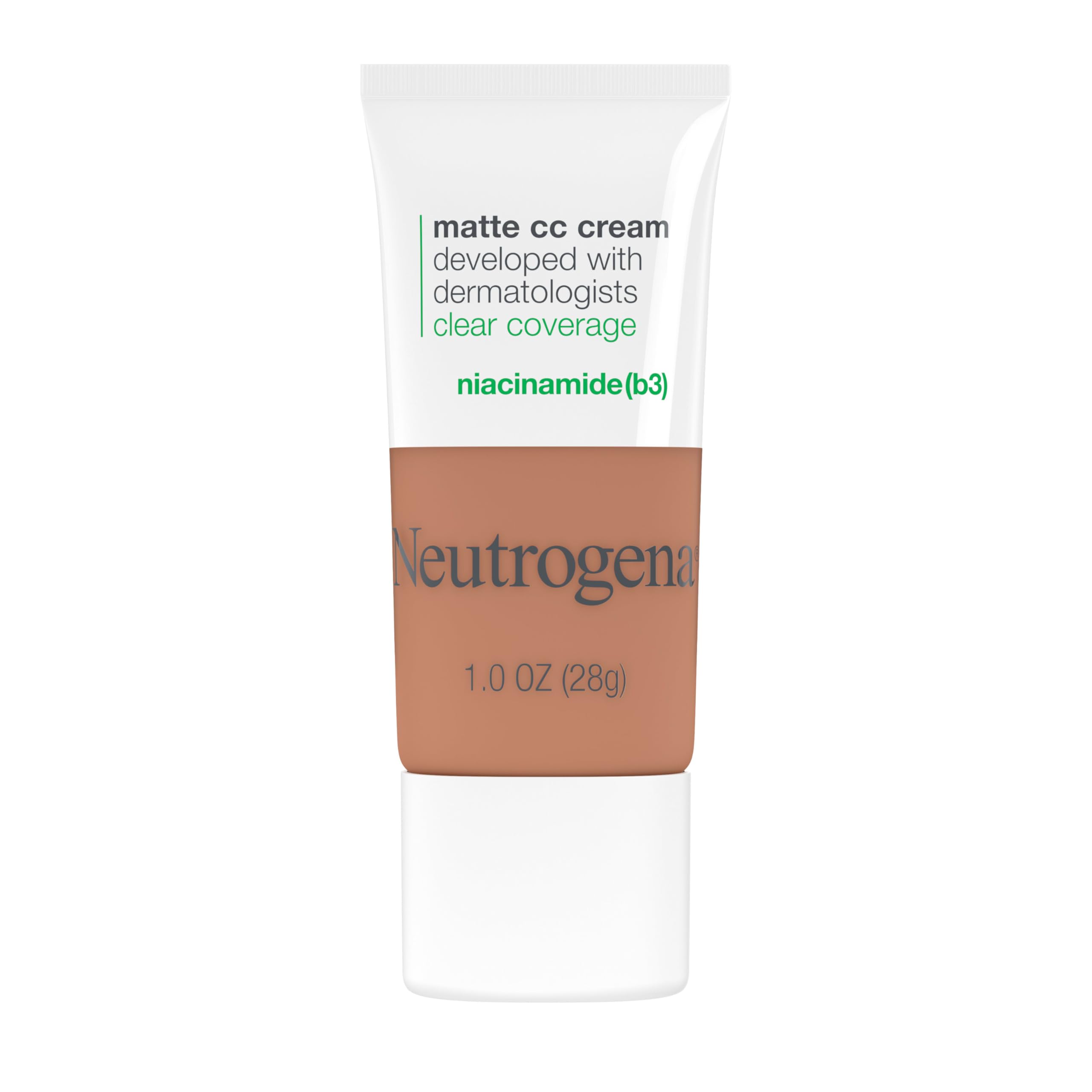 Neutrogena Clear Coverage Flawless Matte CC Cream Maple 7-0 tube swatch for even tone.