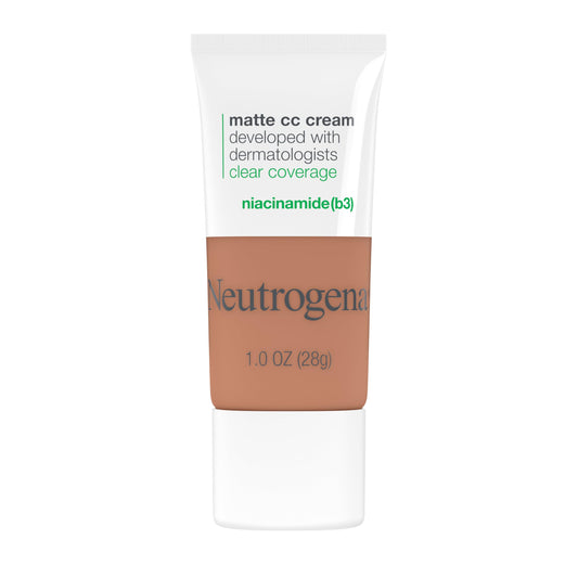 Neutrogena Clear Coverage Flawless Matte CC Cream Maple 7-0 tube swatch for even tone.