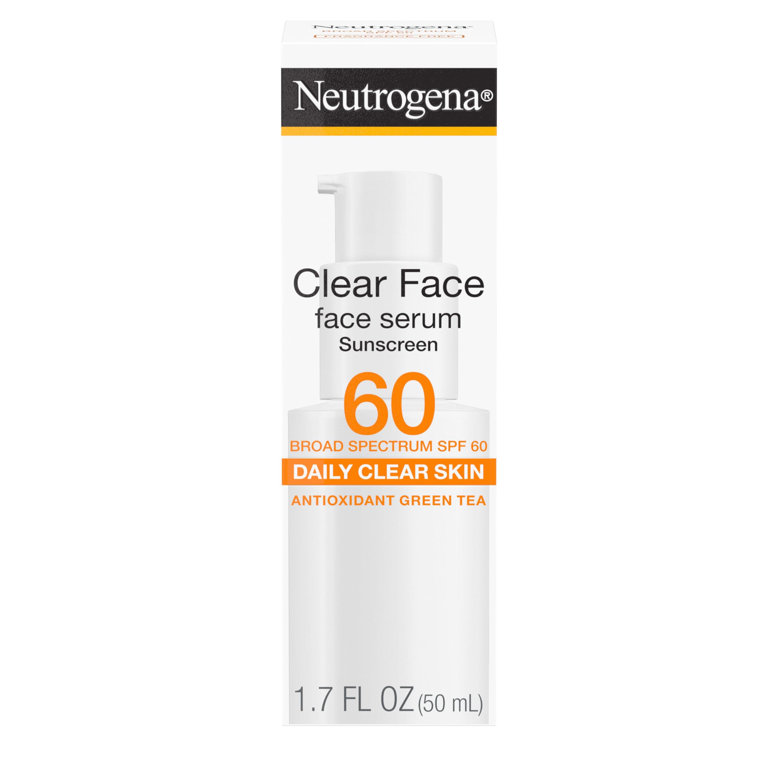 Neutrogena Clear Face Serum Sunscreen bottle front view, SPF 60 for makeup prep.