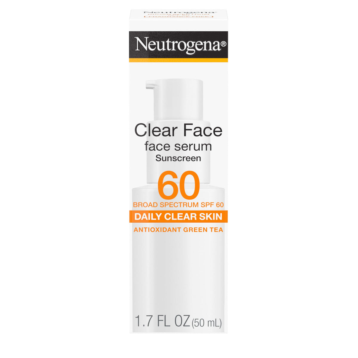 Neutrogena Clear Face Serum Sunscreen bottle front view, SPF 60 for makeup prep.