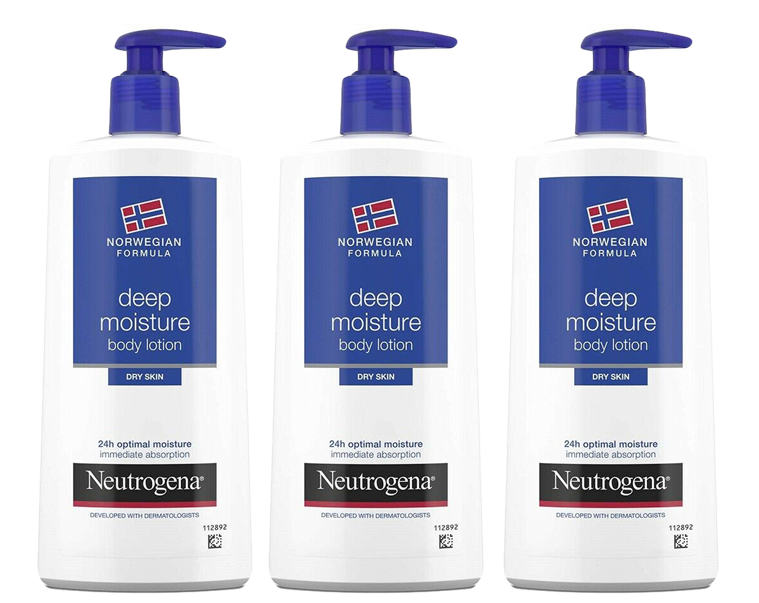Neutrogena Deep Moisture Body Lotion bottle in a triple-pack for all-over hydration.