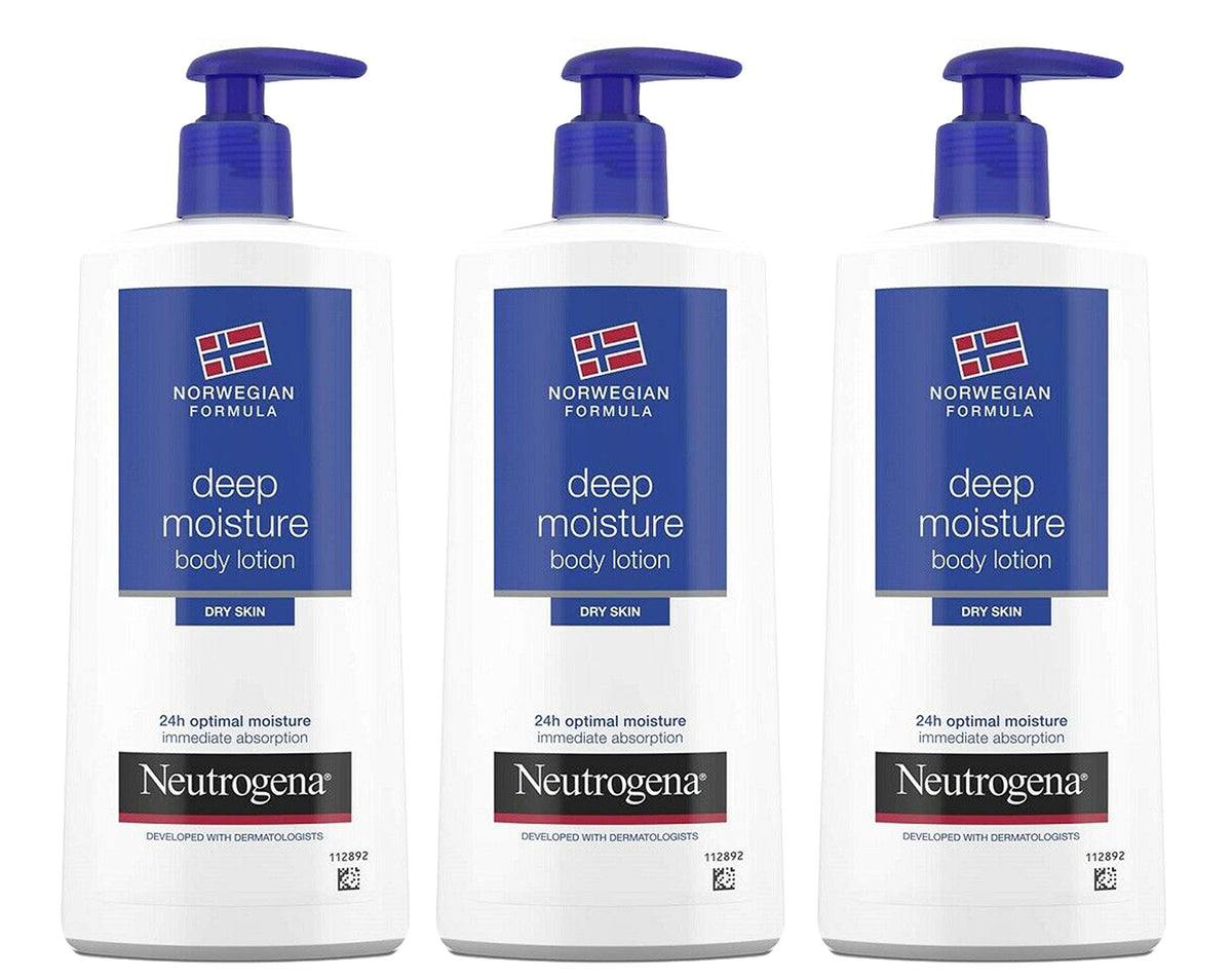 Neutrogena Deep Moisture Body Lotion bottle in a triple-pack for all-over hydration.