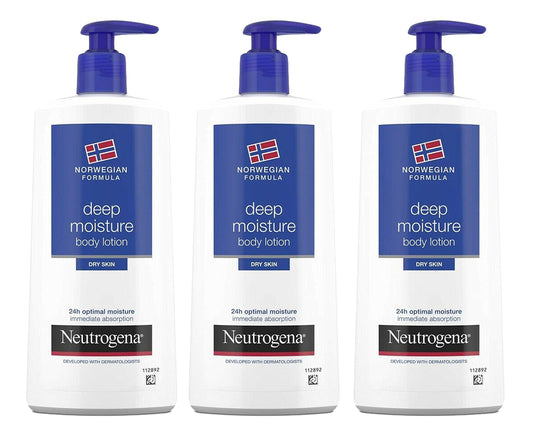 Neutrogena Deep Moisture Body Lotion bottle in a triple-pack for all-over hydration.