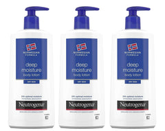 Neutrogena Deep Moisture Body Lotion bottle in a triple-pack for all-over hydration.
