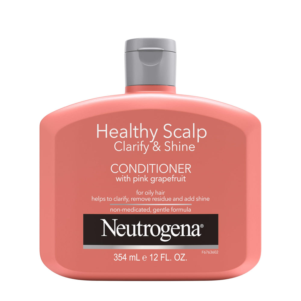 Neutrogena Exfoliating Healthy Scalp bottle highlights pink grapefruit scent for a shiny finish.