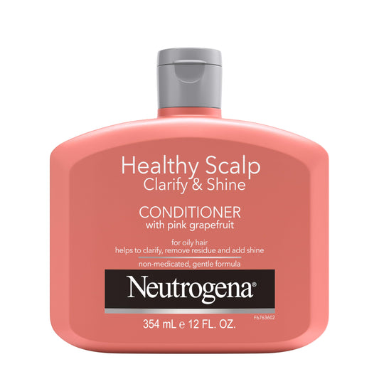Neutrogena Exfoliating Healthy Scalp bottle highlights pink grapefruit scent for a shiny finish.