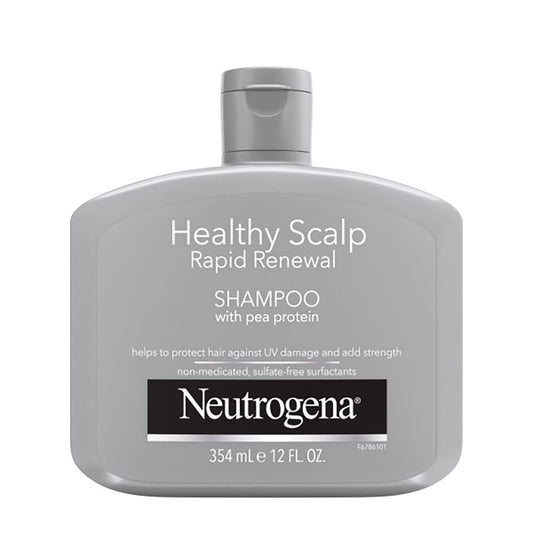 Neutrogena Healthy Scalp bottle front view, fragrance-free formula with pea protein for daily care.