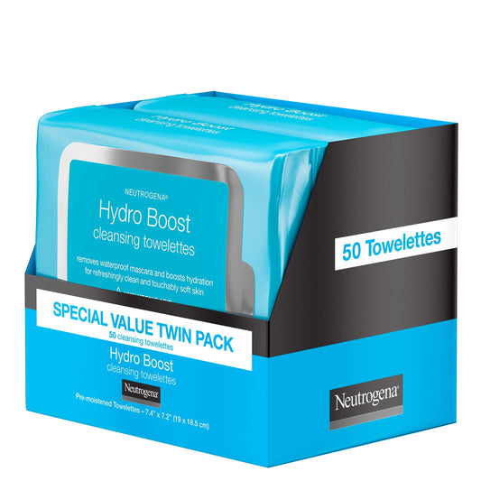 Neutrogena Hydro Boost wipes provide hyaluronic acid hydration during cleansing.
